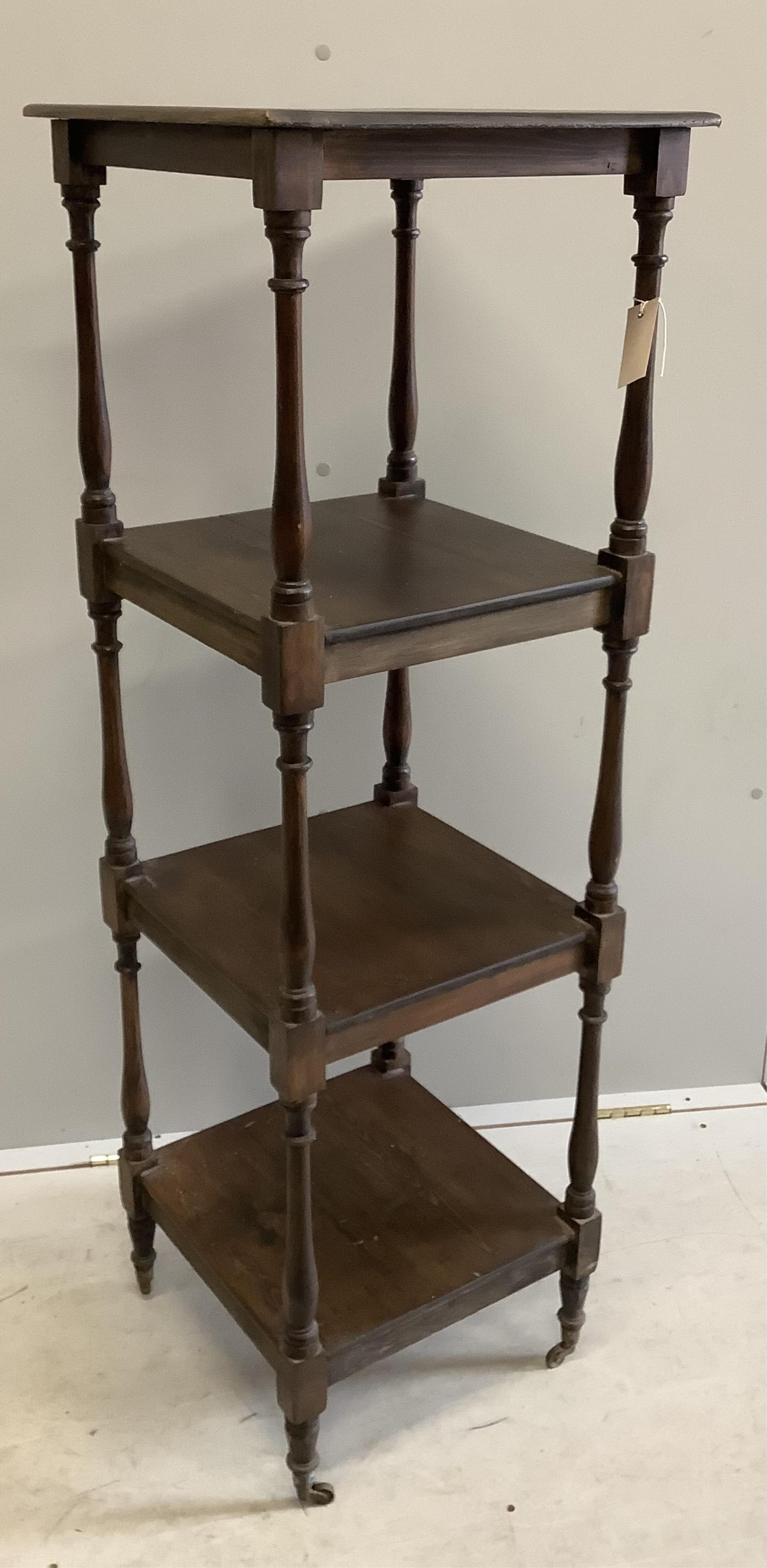 A Victorian style pine four tier whatnot, width 42cm, depth 41cm, height 127cm. Condition - fair